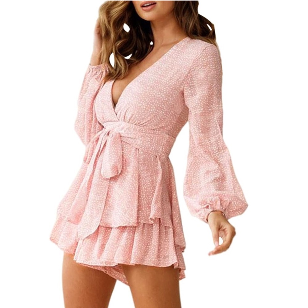 💐 Boutique pink & white vneck belted romper size S - Picture 2 of 5